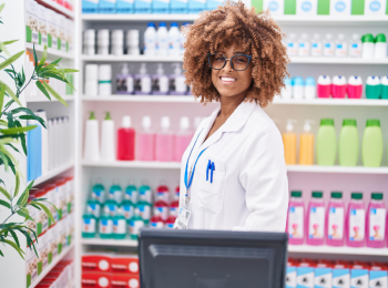 Farmacêutica aguardando para atender cliente na farmácia